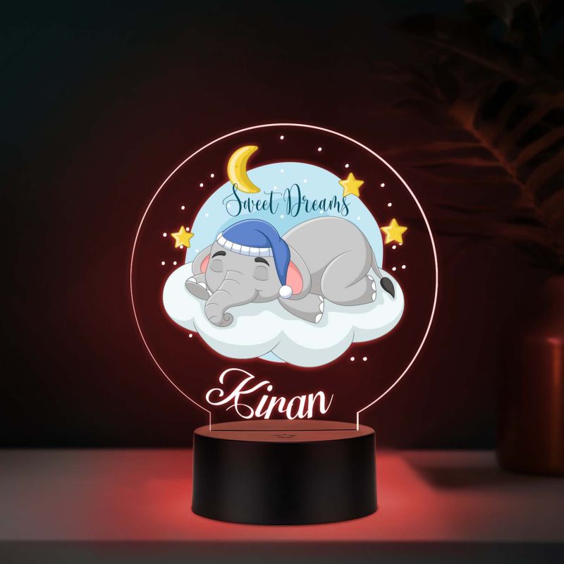 Personalized Sweet Dreams Elephant LED Night Light with Color Changing Nursery Decor with Moon and Stars Theme Bedside Kids Room Desk Table Lamp